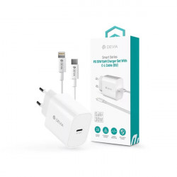 Devia ST109568 Smart Series 30W GaN PD+QC fehér hálózati gyorstöltő adapter + Type-C/Lightning kábel