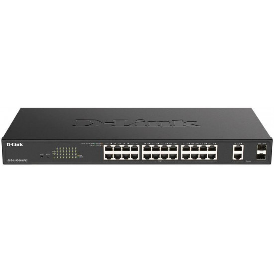 D-LINK Switch 24x1000Mbps (24xPOE) + 2xGigabit kombó SFP Fémházas Menedzselhető Rackes, DGS-1100-26MPV2/E