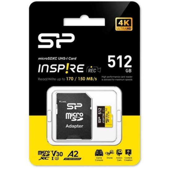 SILICON POWER 512GB MicroSDXCCL10 A1 UHS-I U1 V30, Inspire Memóriakártya