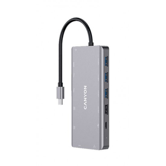 CANYON HUB 13-in-1, USB-C, 3xUSB3.0, 1xUSB2.0, 2xHDMI, VGA, Ethernet, Audio, SD/microSD, szürke (CNS-TDS12)